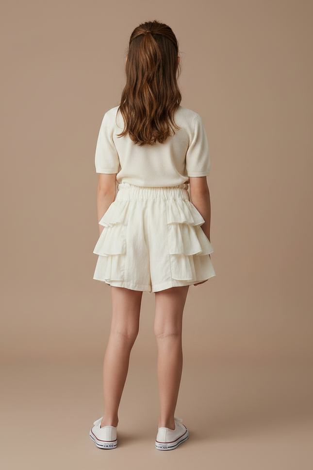 Pantalon Jupe Écru Volants Superposés Fille Coton - Blanc - vue 2