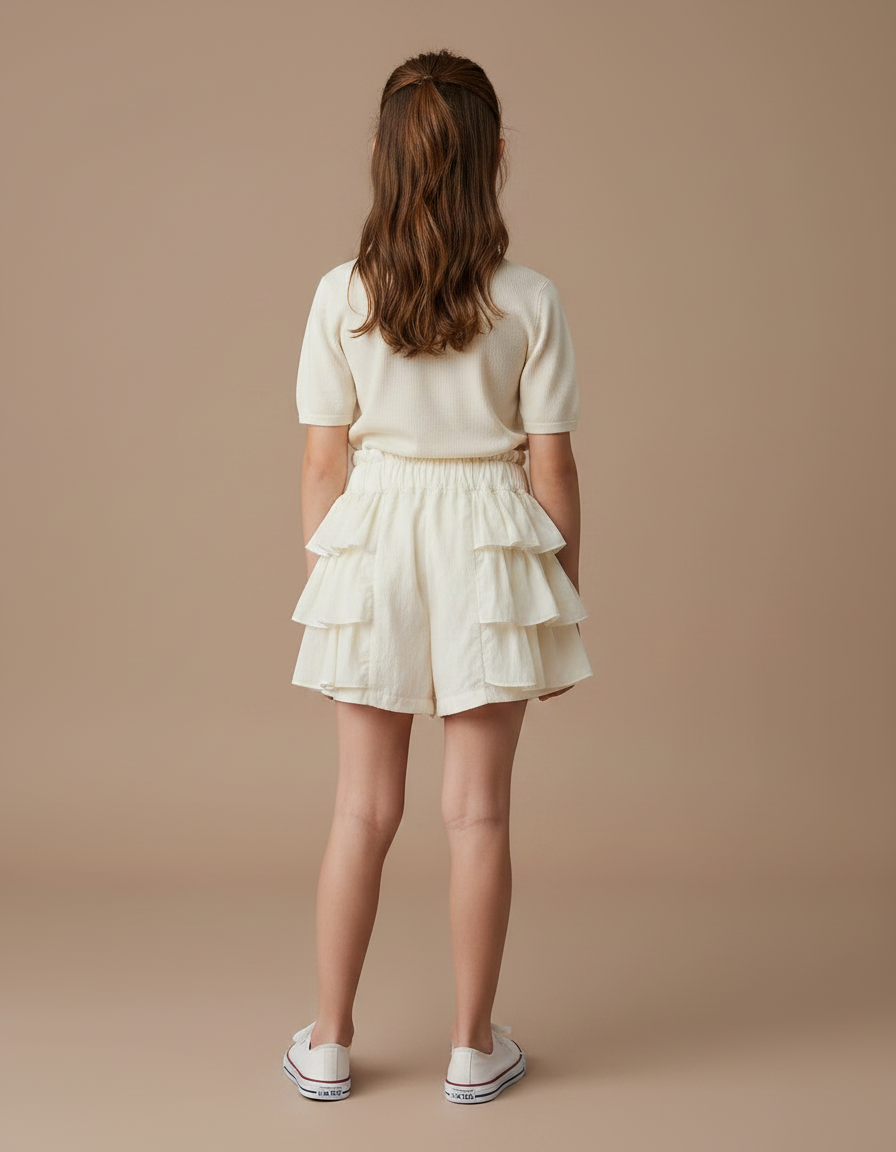Pantalon Jupe Écru Volants Superposés Fille Coton - Blanc - vue 2