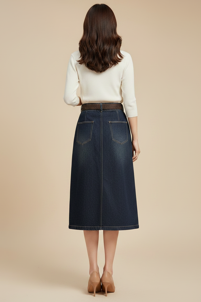 Pantalon Jupe Denim Bleu Mi-long Boutonné Asymétrique - Jean - vue 2