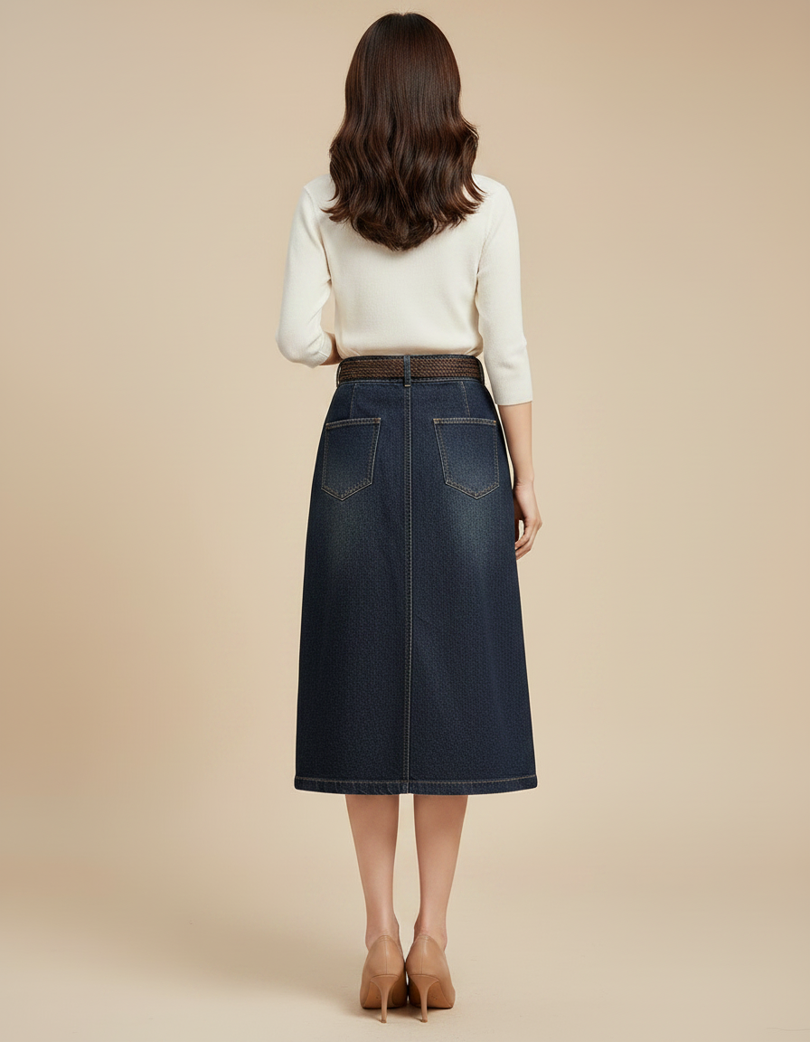 Pantalon Jupe Denim Bleu Mi-long Boutonné Asymétrique - Jean - vue 2