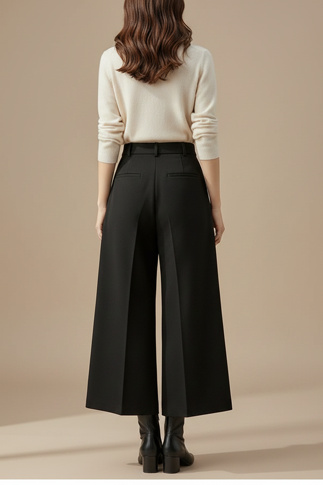 Pantalon Jupe Noir Plissé Taille Haute Femme Hiver - Gabardine - vue 2
