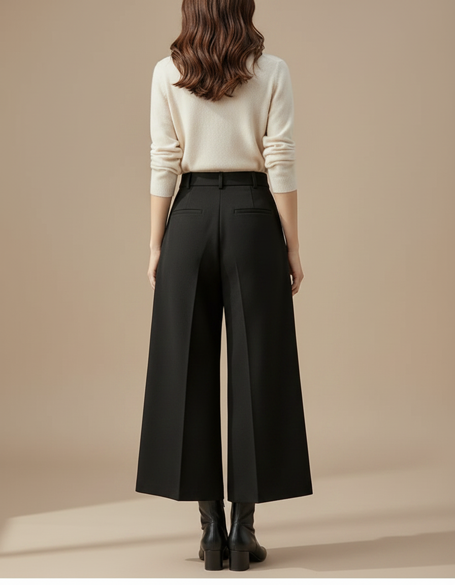 Pantalon Jupe Noir Plissé Taille Haute Femme Hiver - Gabardine - vue 2