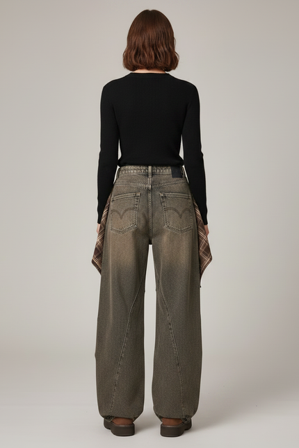 Pantalon Jupe Jean Marron Plaid Décontracté Ample - vue 2