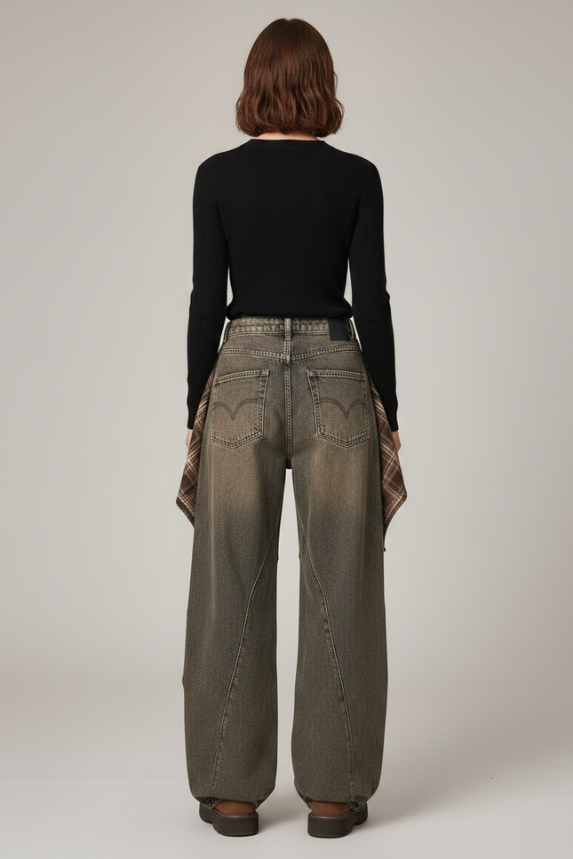 Pantalon Jupe Jean Marron Plaid Décontracté Ample - vue 2