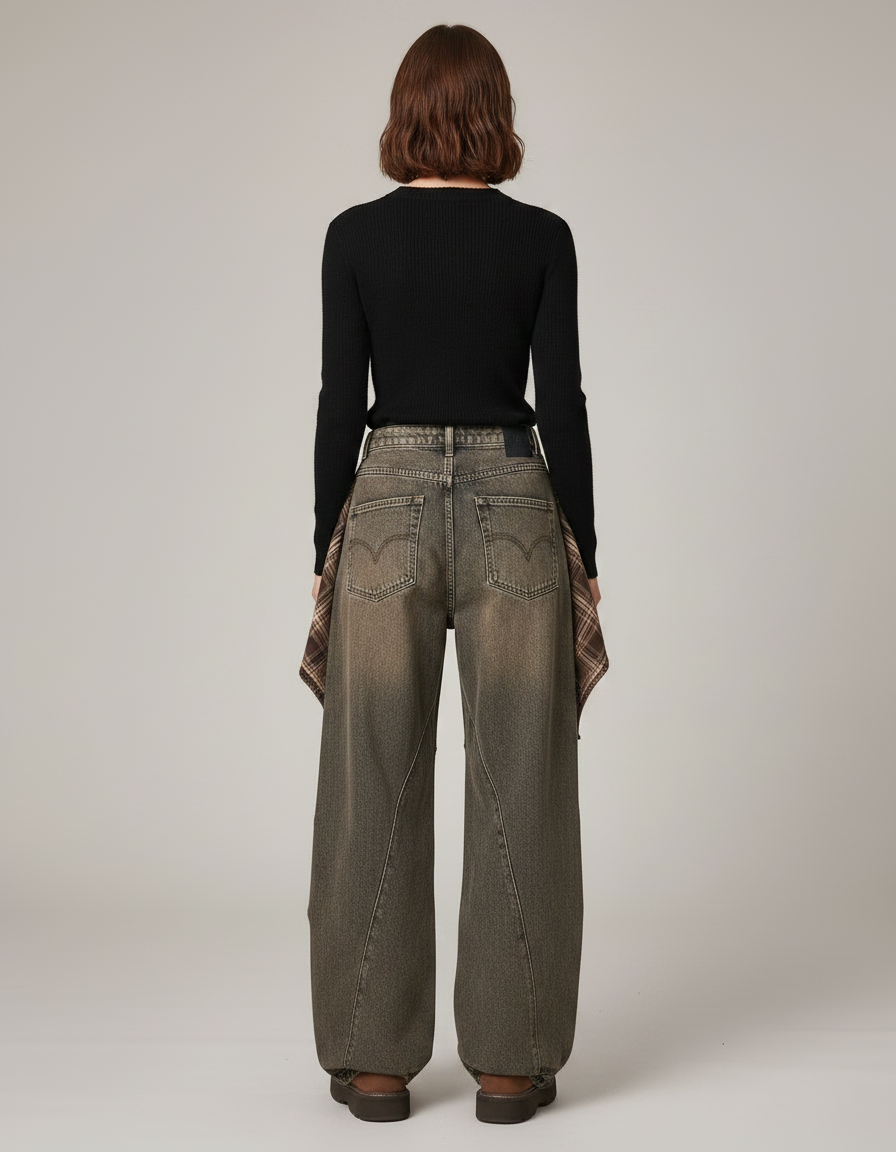 Pantalon Jupe Jean Marron Plaid Décontracté Ample - vue 2