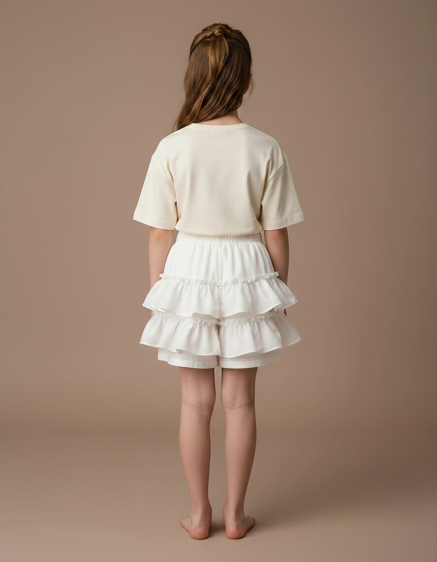 Pantalon Jupe Blanc Volants Superposés Fille Mignon - Coton - vue 2