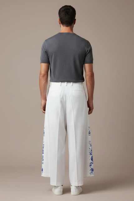 Pantalon Jupe Blanc Plissé Imprimé Bleu Homme Décontracté - Coton - vue 2