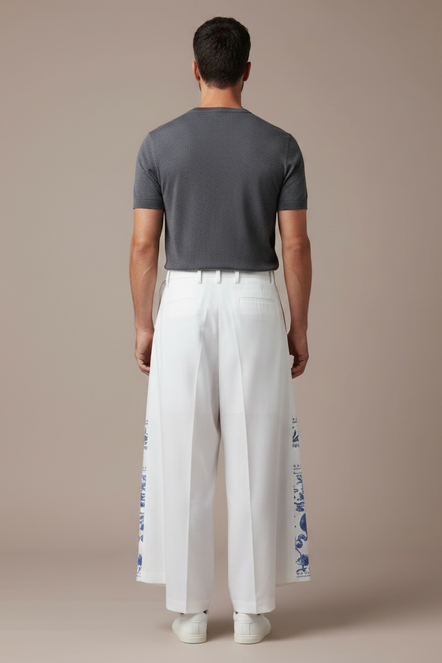 Pantalon Jupe Blanc Plissé Imprimé Bleu Homme Décontracté - Coton - vue 2
