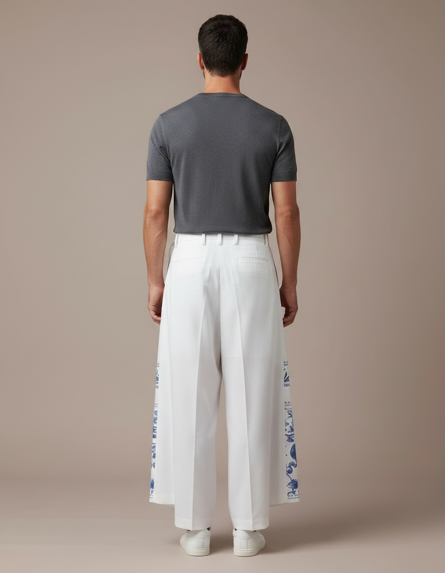 Pantalon Jupe Blanc Plissé Imprimé Bleu Homme Décontracté - Coton - vue 2