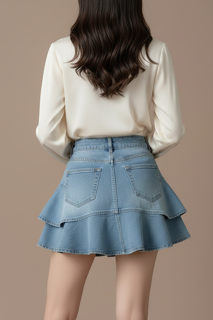 Pantalon Jupe Courte Denim Superposée Volantée Femme - Bleu Jean - vue 2