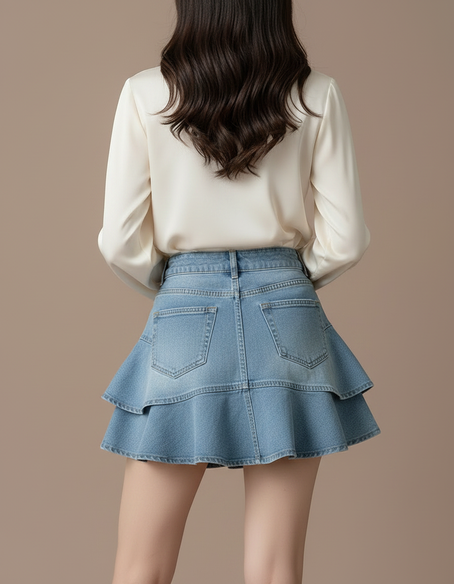 Pantalon Jupe Courte Denim Superposée Volantée Femme - Bleu Jean - vue 2
