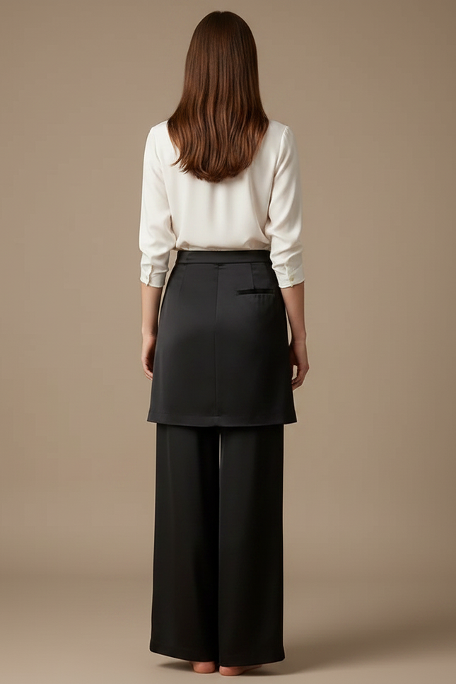 Pantalon Jupe Noir Satin Fluide Superposé Élégant - vue 2