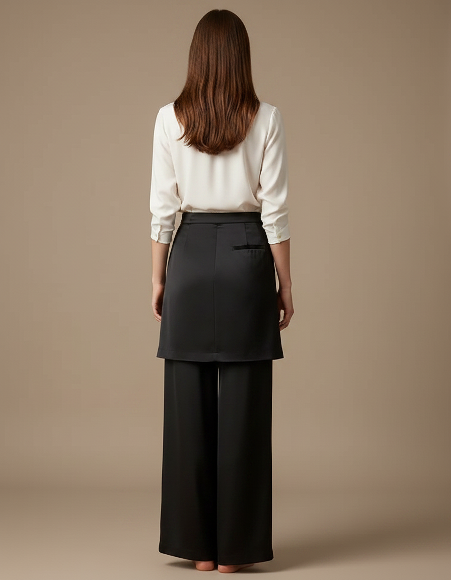 Pantalon Jupe Noir Satin Fluide Superposé Élégant - vue 2