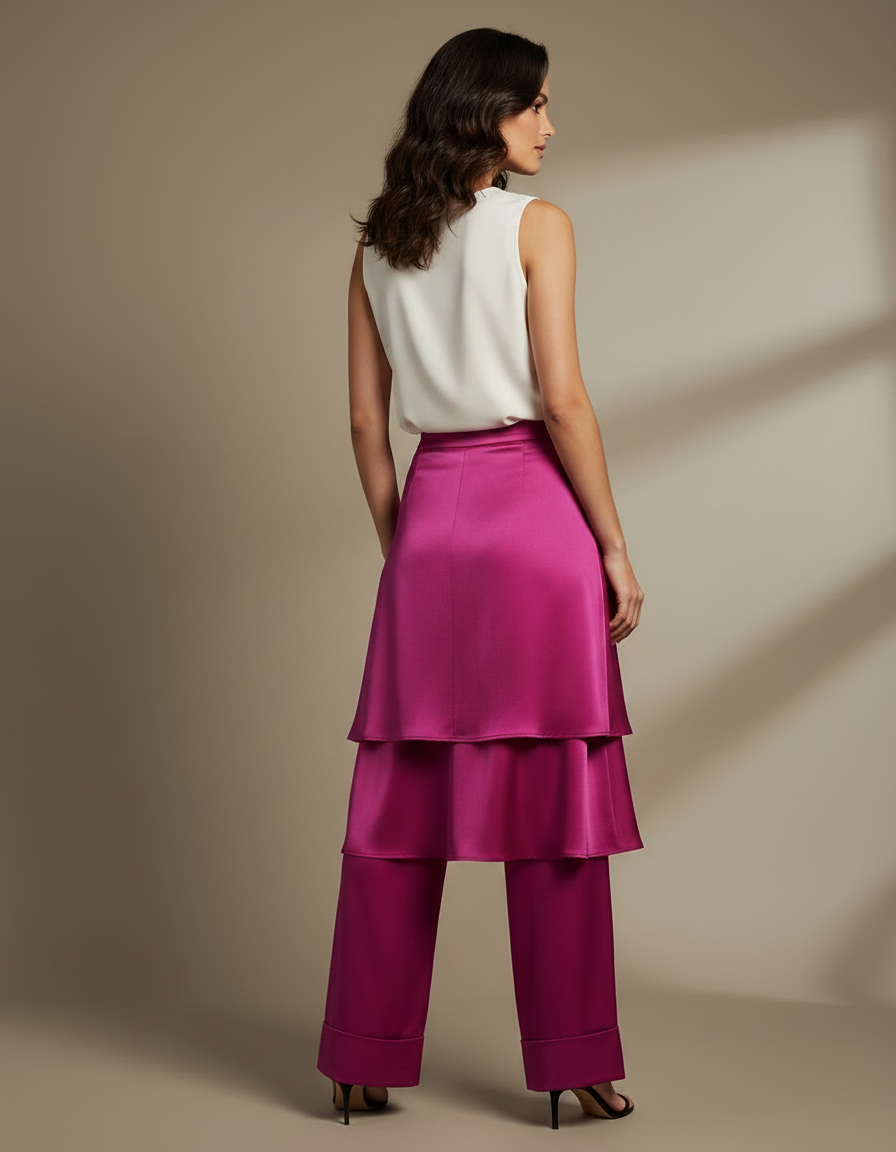 Pantalon Jupe Fuchsia Satin Fluide Superposé Élégant - Rose - vue 2