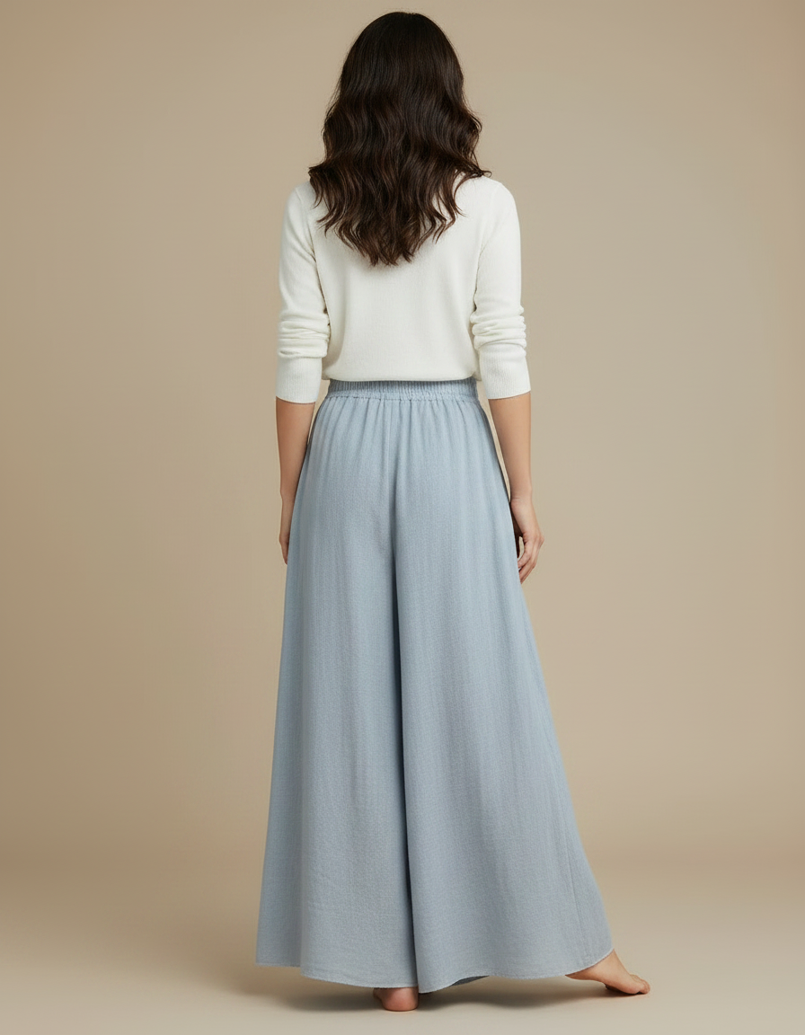 Pantalon Jupe Bleu Ciel Fluide Ample Élégant Décontracté - Lin - vue 2