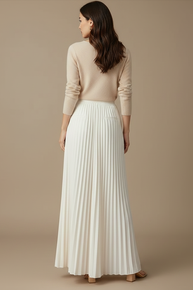 Pantalon Jupe Plissé Long Ample Élégant Femme - Blanc Polyester - vue 2