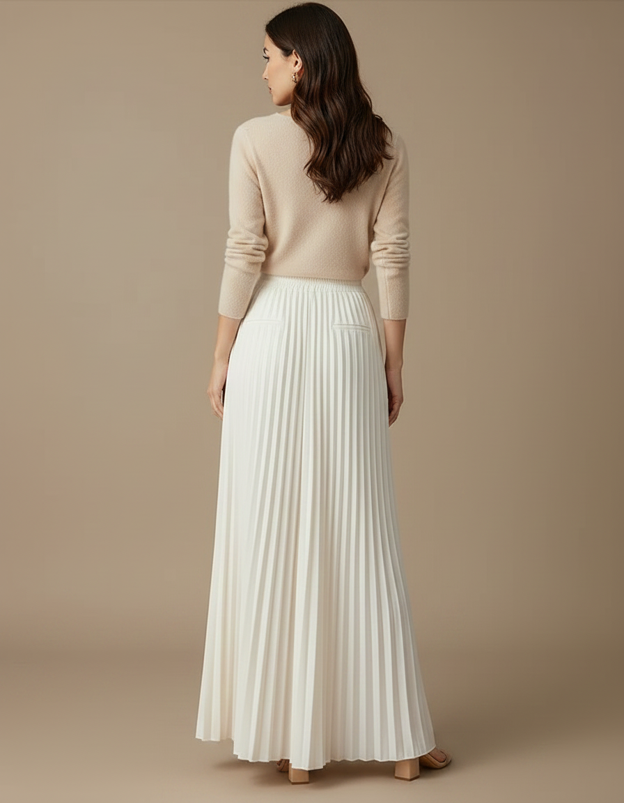 Pantalon Jupe Plissé Long Ample Élégant Femme - Blanc Polyester - vue 2