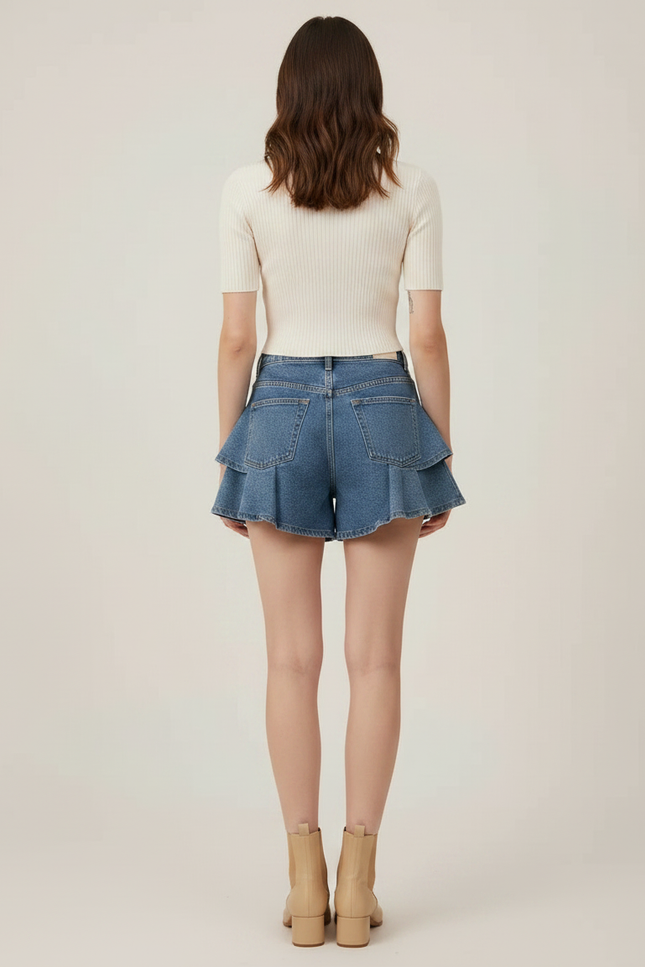 Pantalon Jupe Denim Bleu Volants Superposés Court - Jean - vue 2