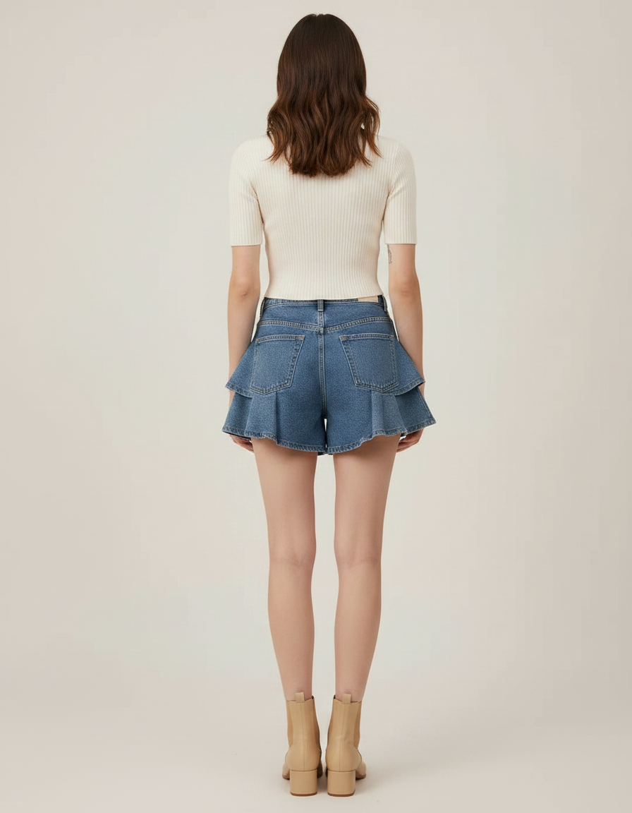 Pantalon Jupe Denim Bleu Volants Superposés Court - Jean - vue 2