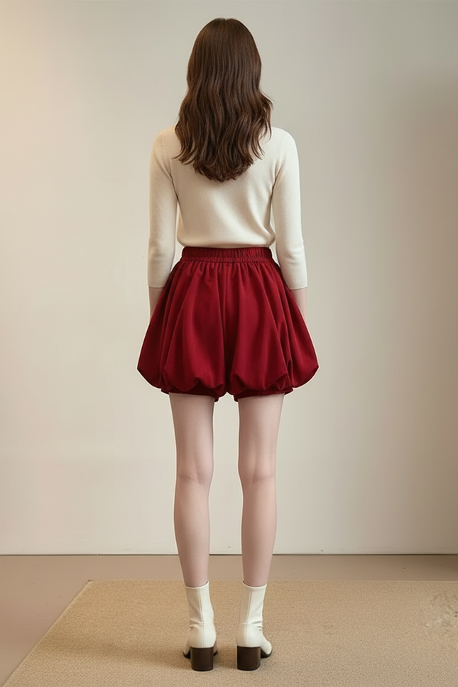 Pantalon Jupe Rouge Ballon Taille Haute Courte Élégante - Toile - vue 2
