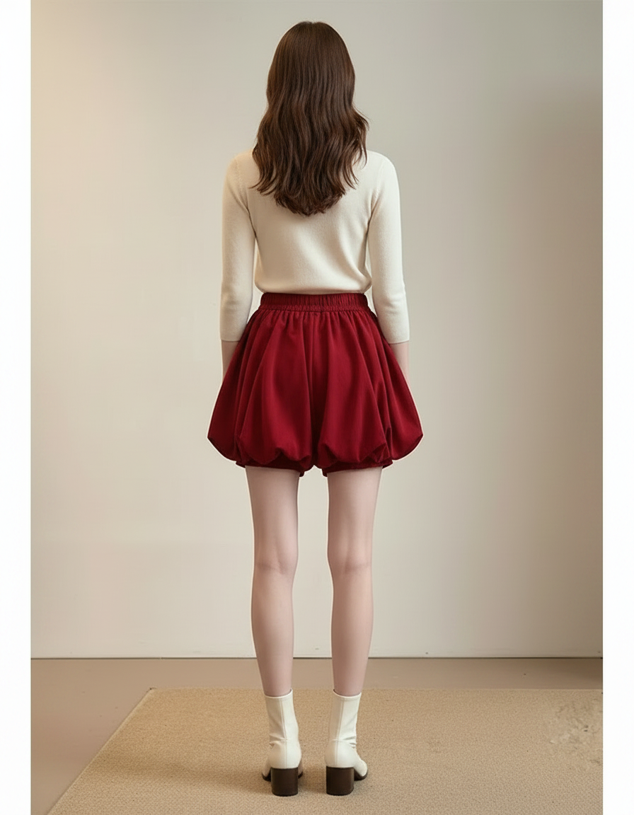 Pantalon Jupe Rouge Ballon Taille Haute Courte Élégante - Toile - vue 2