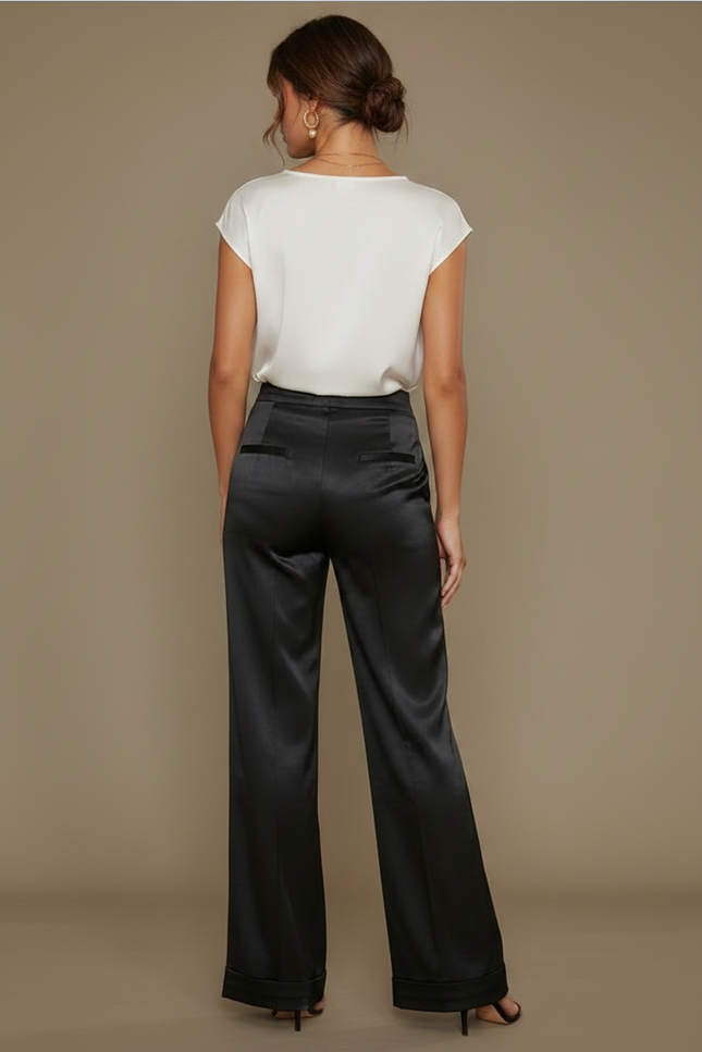 Pantalon Jupe Noir Satin Fluide Large Élégant - vue 2