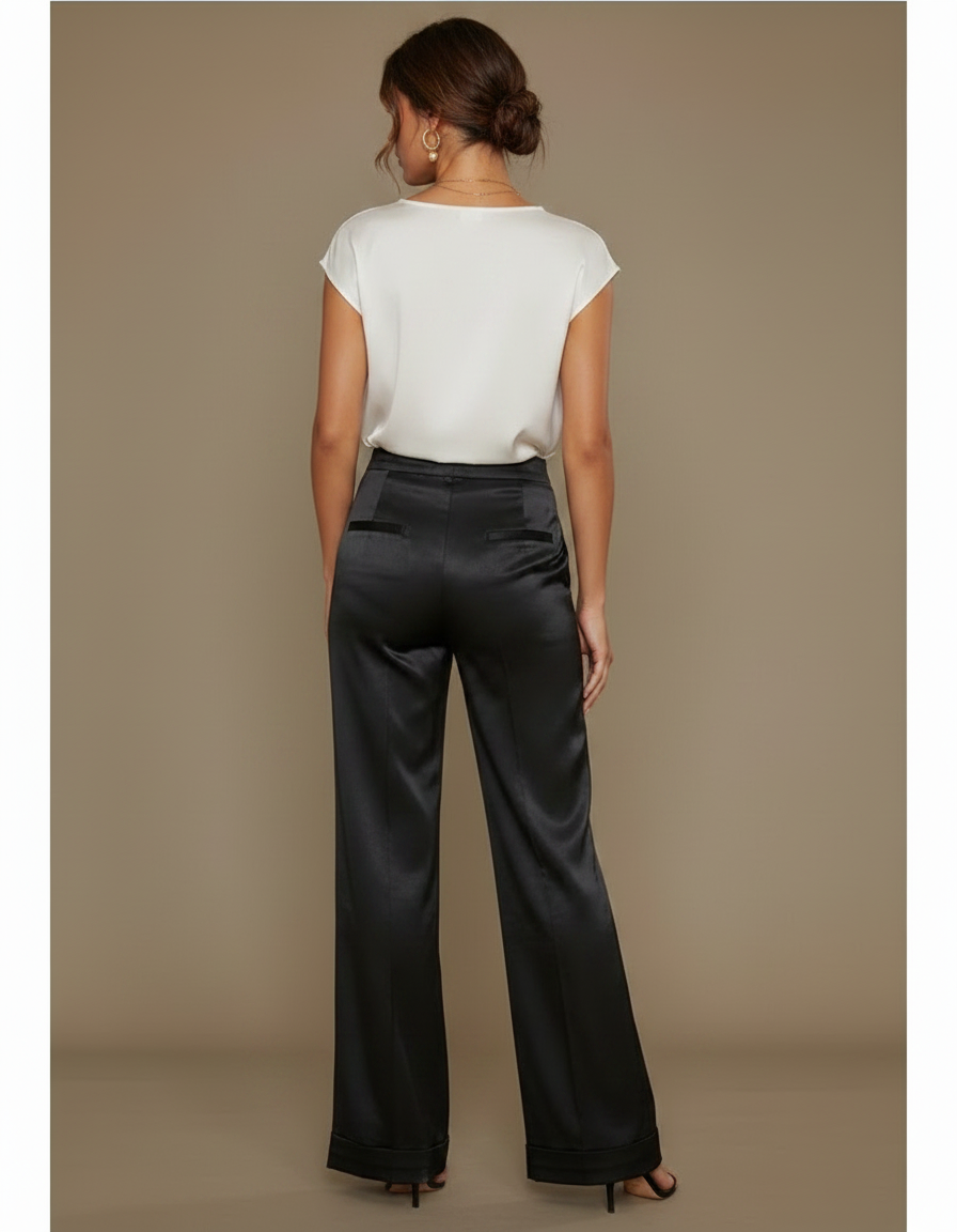 Pantalon Jupe Noir Satin Fluide Large Élégant - vue 2