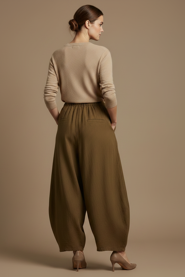 Pantalon Jupe Vert Ample Lin Confortable Fluide Élégant - Kaki - vue 2