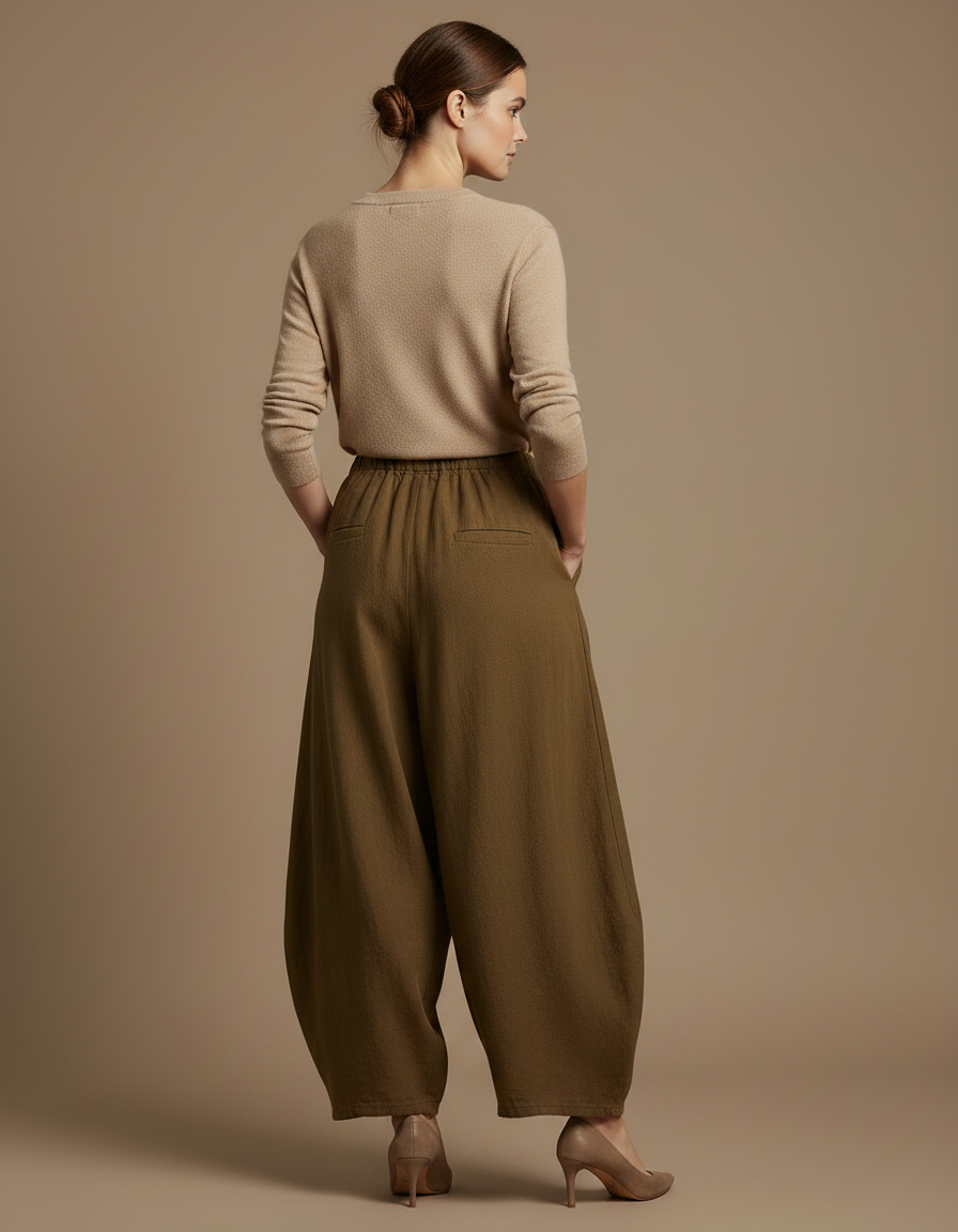 Pantalon Jupe Vert Ample Lin Confortable Fluide Élégant - Kaki - vue 2