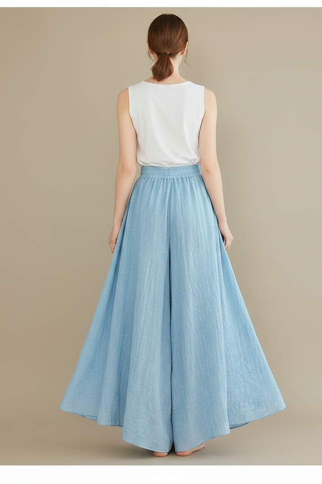 Pantalon Jupe Ample Coton Lin Fluide Bleu Clair - vue 2