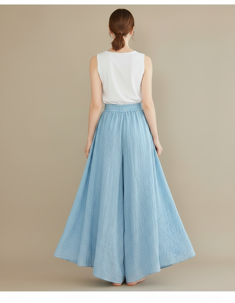 Pantalon Jupe Ample Coton Lin Fluide Bleu Clair - vue 2