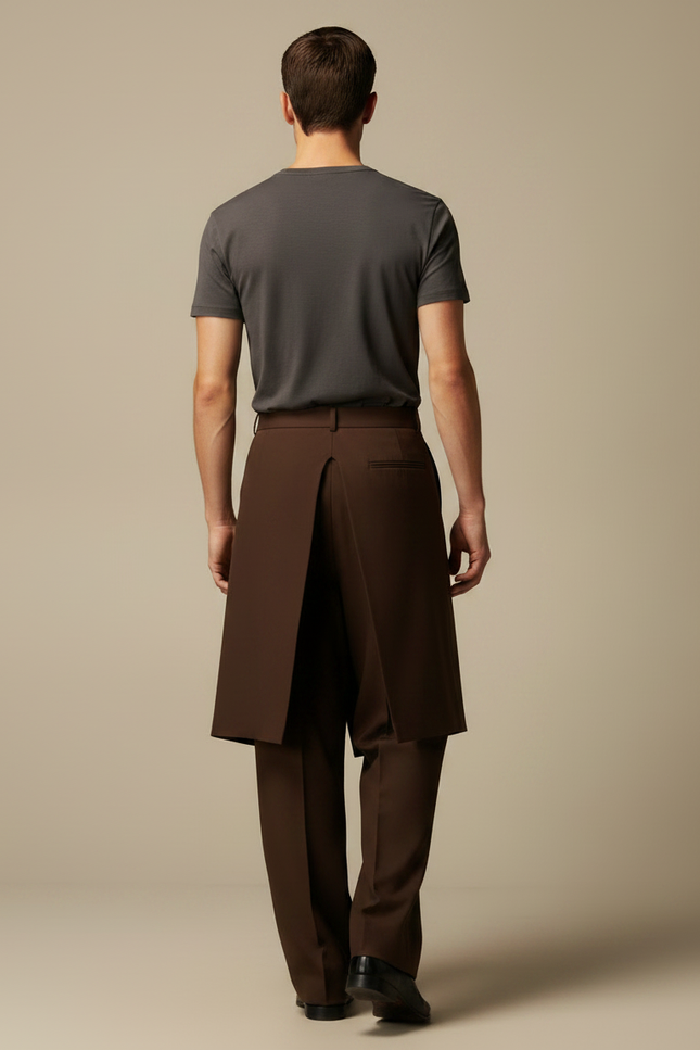Pantalon Jupe Marron Plissé Superposé Ample Élégant - Polyester - vue 2