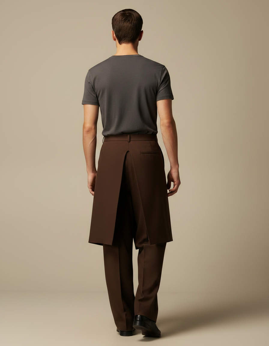 Pantalon Jupe Marron Plissé Superposé Ample Élégant - Polyester - vue 2