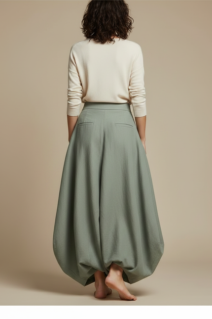 Pantalon Jupe Vert Sauge Ample Coton Lin - vue 2