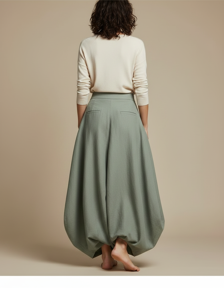 Pantalon Jupe Vert Sauge Ample Coton Lin - vue 2
