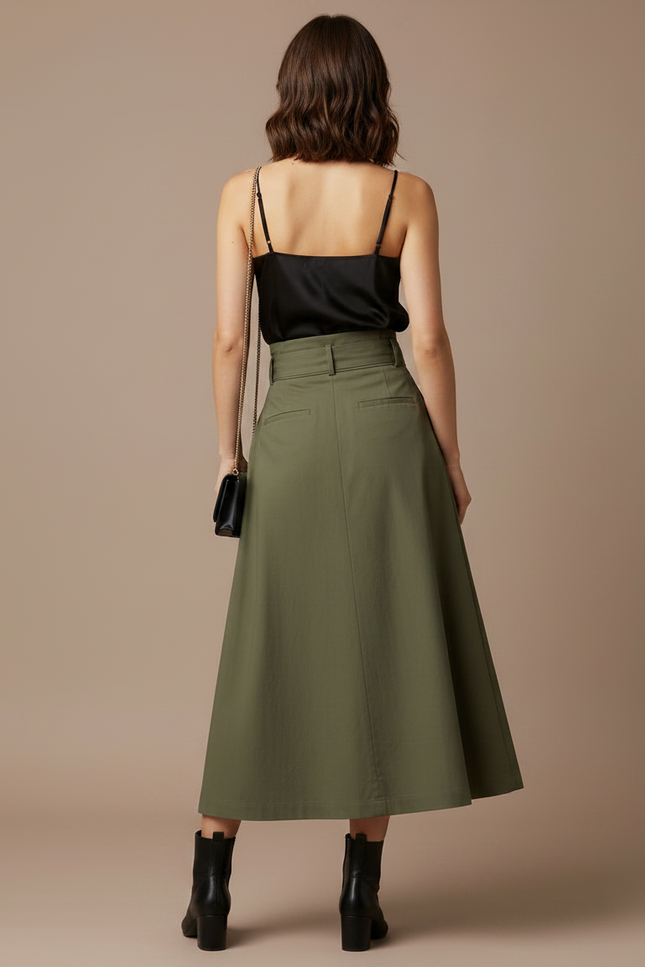Pantalon Jupe Kaki Longue Plissée Ceinture Nœud Élégante - Toile - vue 2