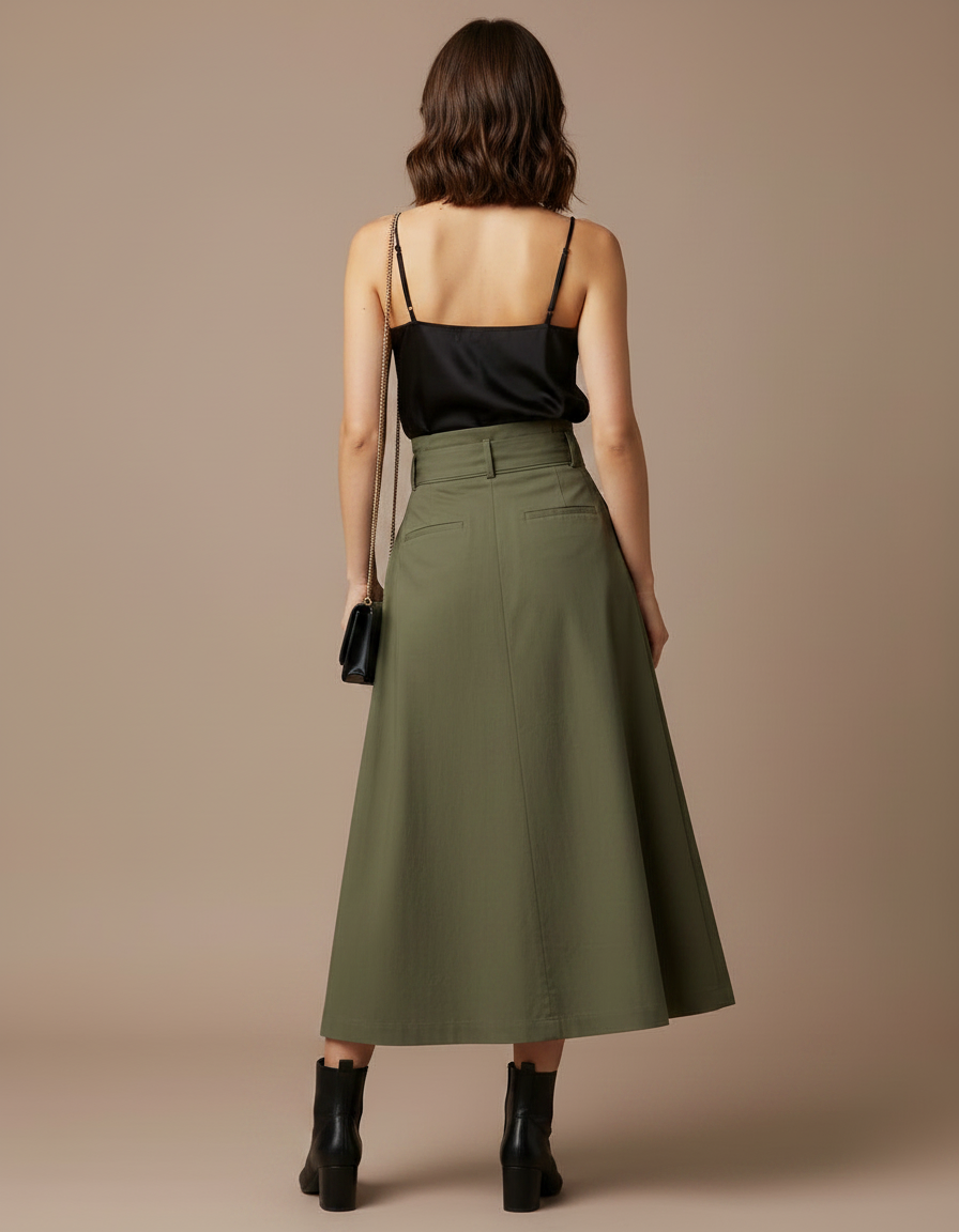 Pantalon Jupe Kaki Longue Plissée Ceinture Nœud Élégante - Toile - vue 2
