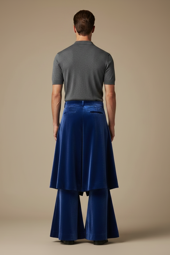 Pantalon Jupe Velours Bleu Évasé Superposé Homme - vue 2