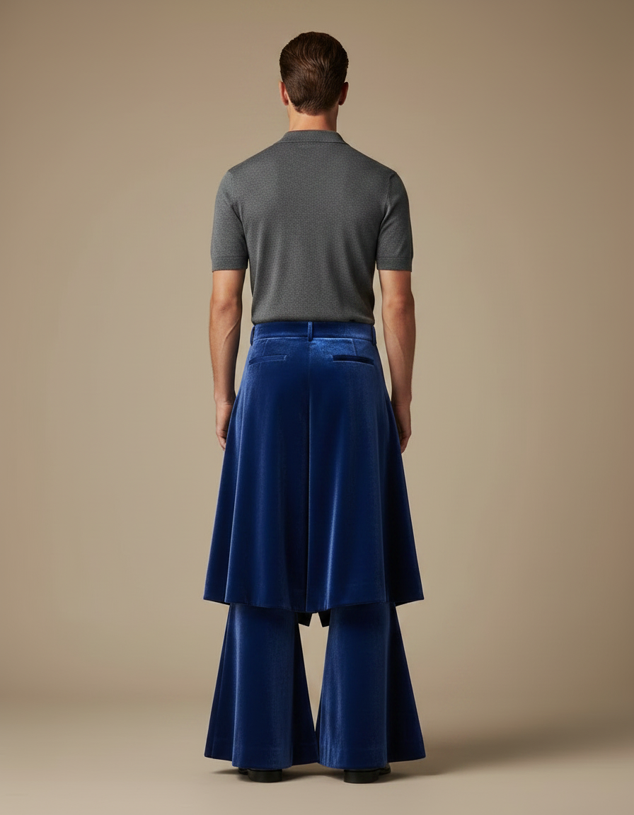 Pantalon Jupe Velours Bleu Évasé Superposé Homme - vue 2