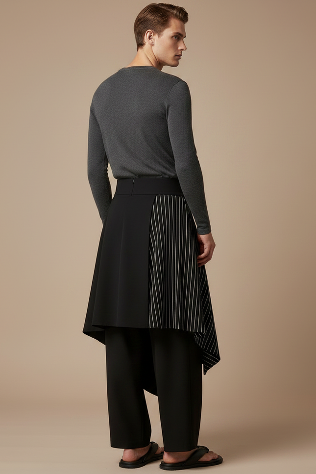Pantalon Jupe Noir Asymétrique Rayures Fluide Moderne - Viscose - vue 2