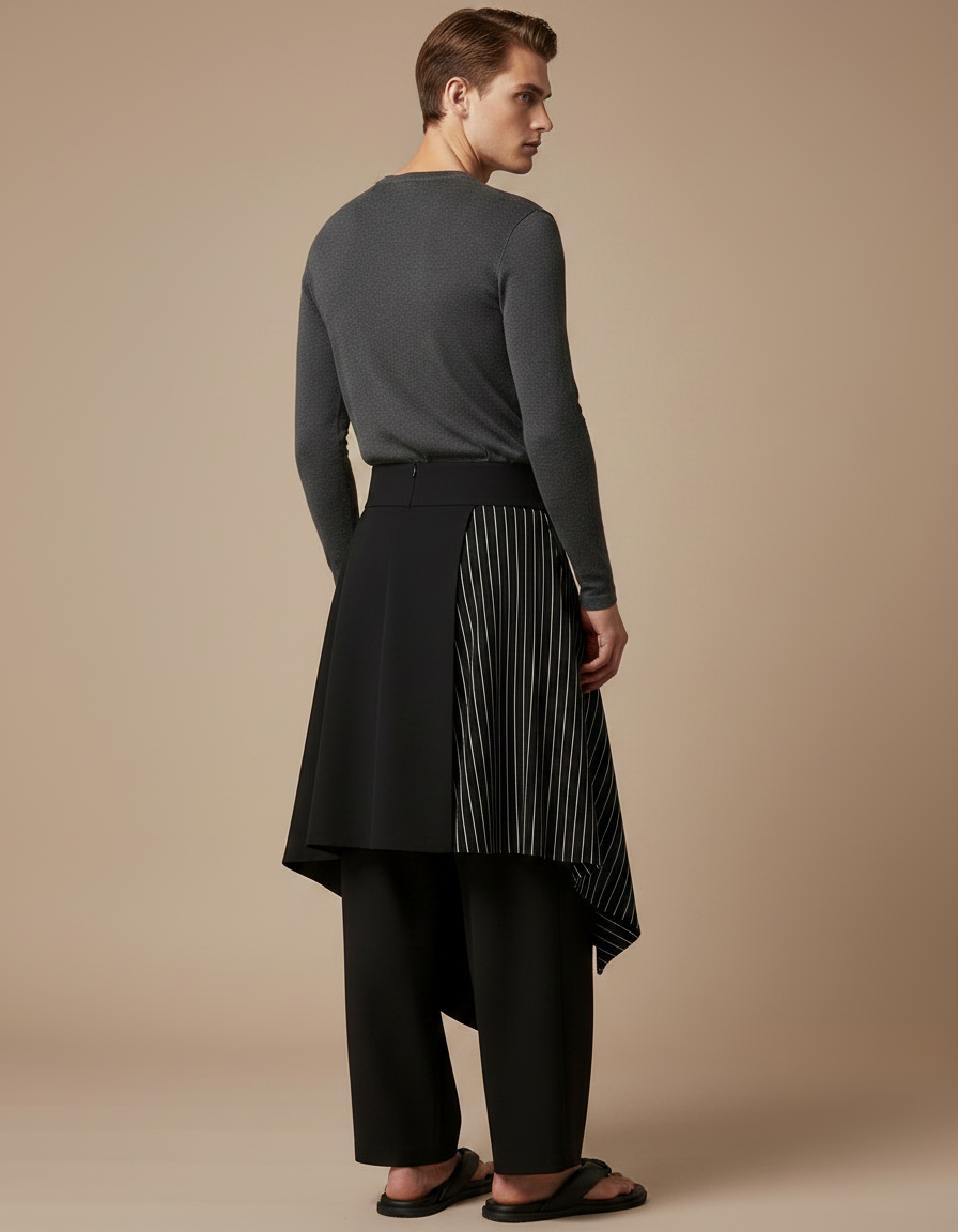 Pantalon Jupe Noir Asymétrique Rayures Fluide Moderne - Viscose - vue 2