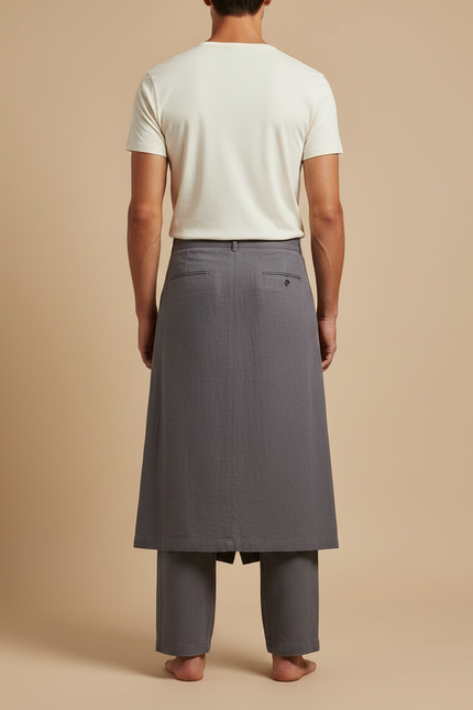Pantalon Jupe Gris Lin Ample Asymétrique Décontracté - vue 2