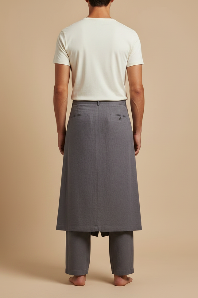 Pantalon Jupe Gris Lin Ample Asymétrique Décontracté - vue 2