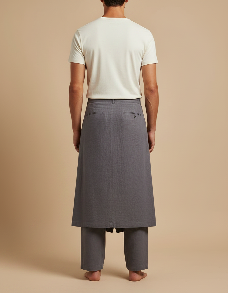 Pantalon Jupe Gris Lin Ample Asymétrique Décontracté - vue 2