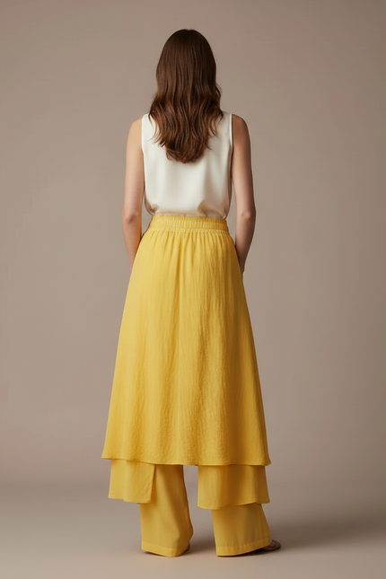 Pantalon Jupe Jaune Superposé Fluide Élégant Femme - Lin - vue 2