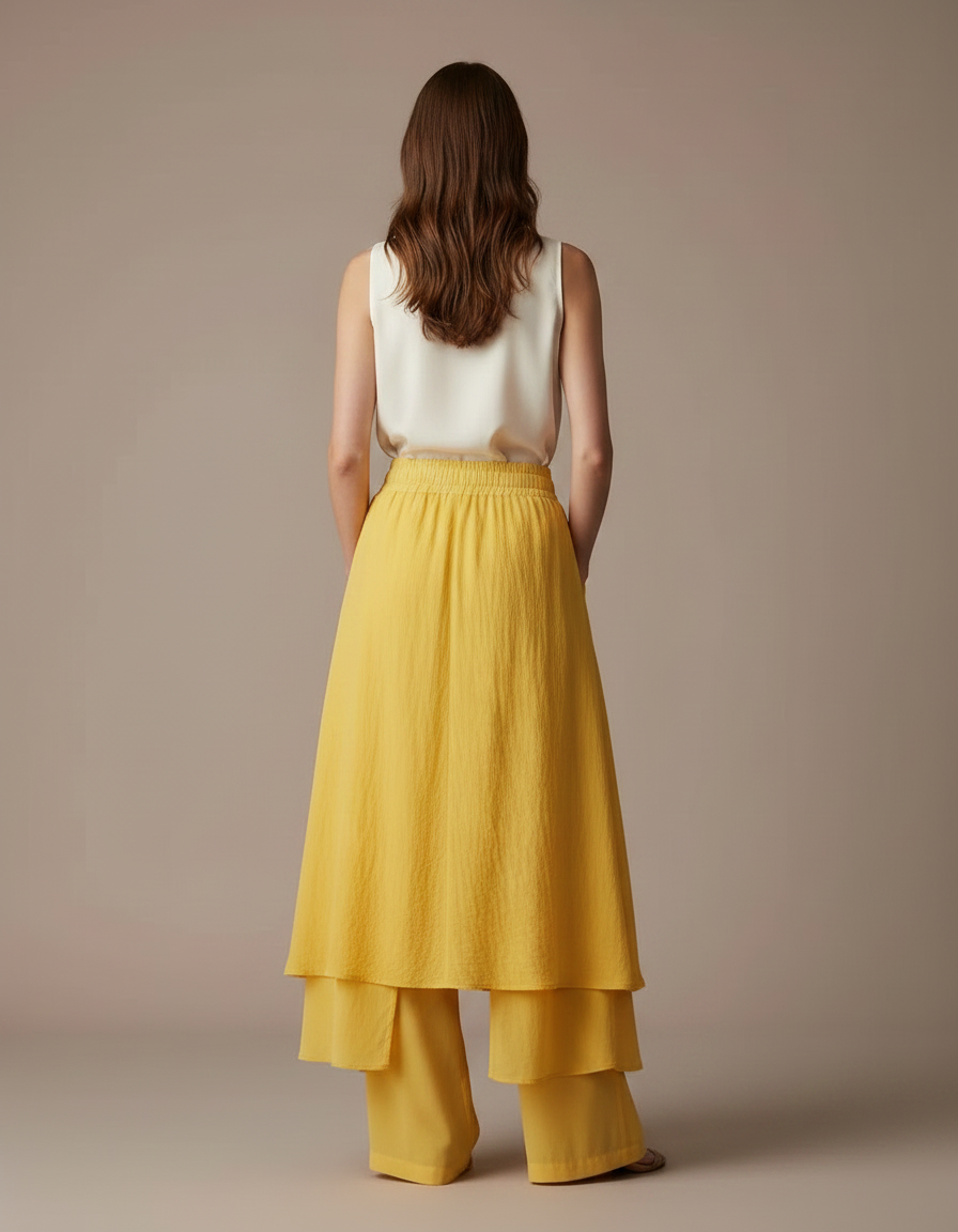 Pantalon Jupe Jaune Superposé Fluide Élégant Femme - Lin - vue 2
