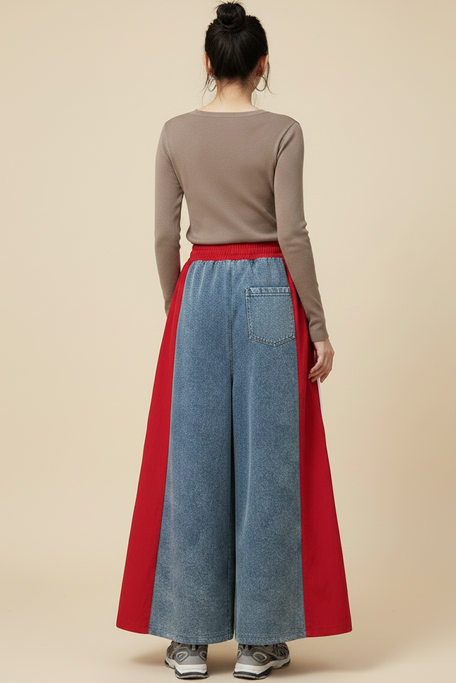 Pantalon Jupe Denim Rouge Évasé Longue Patchwork Rayures - Jean - vue 2