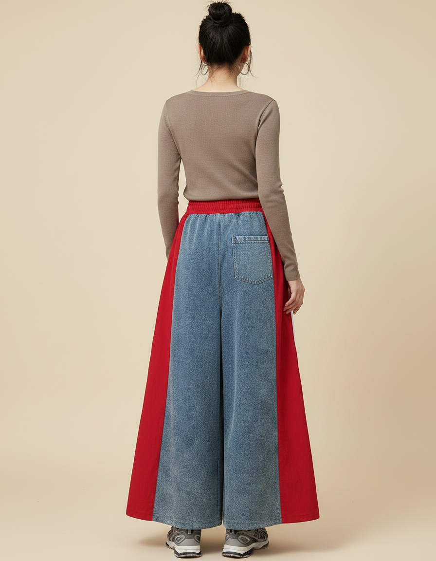 Pantalon Jupe Denim Rouge Évasé Longue Patchwork Rayures - Jean - vue 2