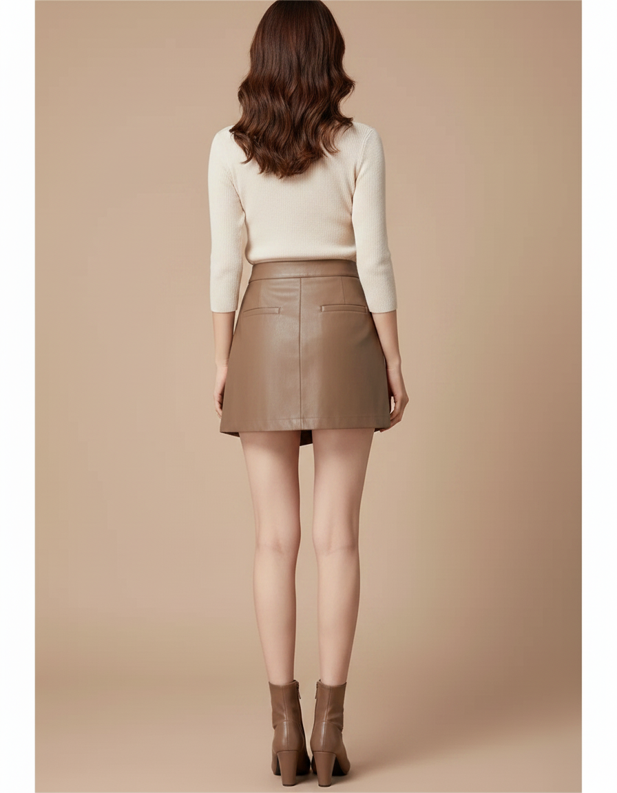 Pantalon Jupe Marron Cuir PU Taille Haute Élégant - Simili cuir - vue 2