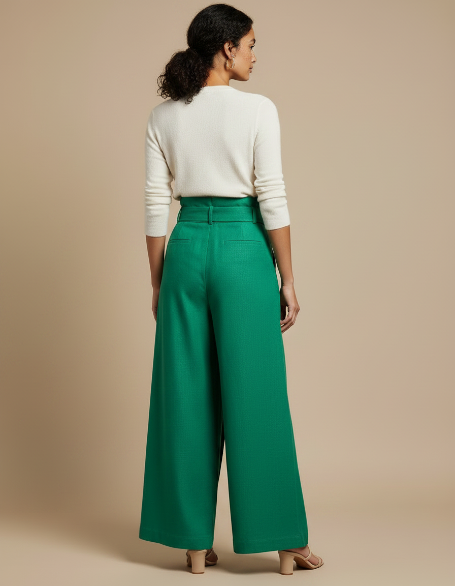 Pantalon Jupe Vert Boutons Ceinture Ample Élégant - Gabardine - vue 2
